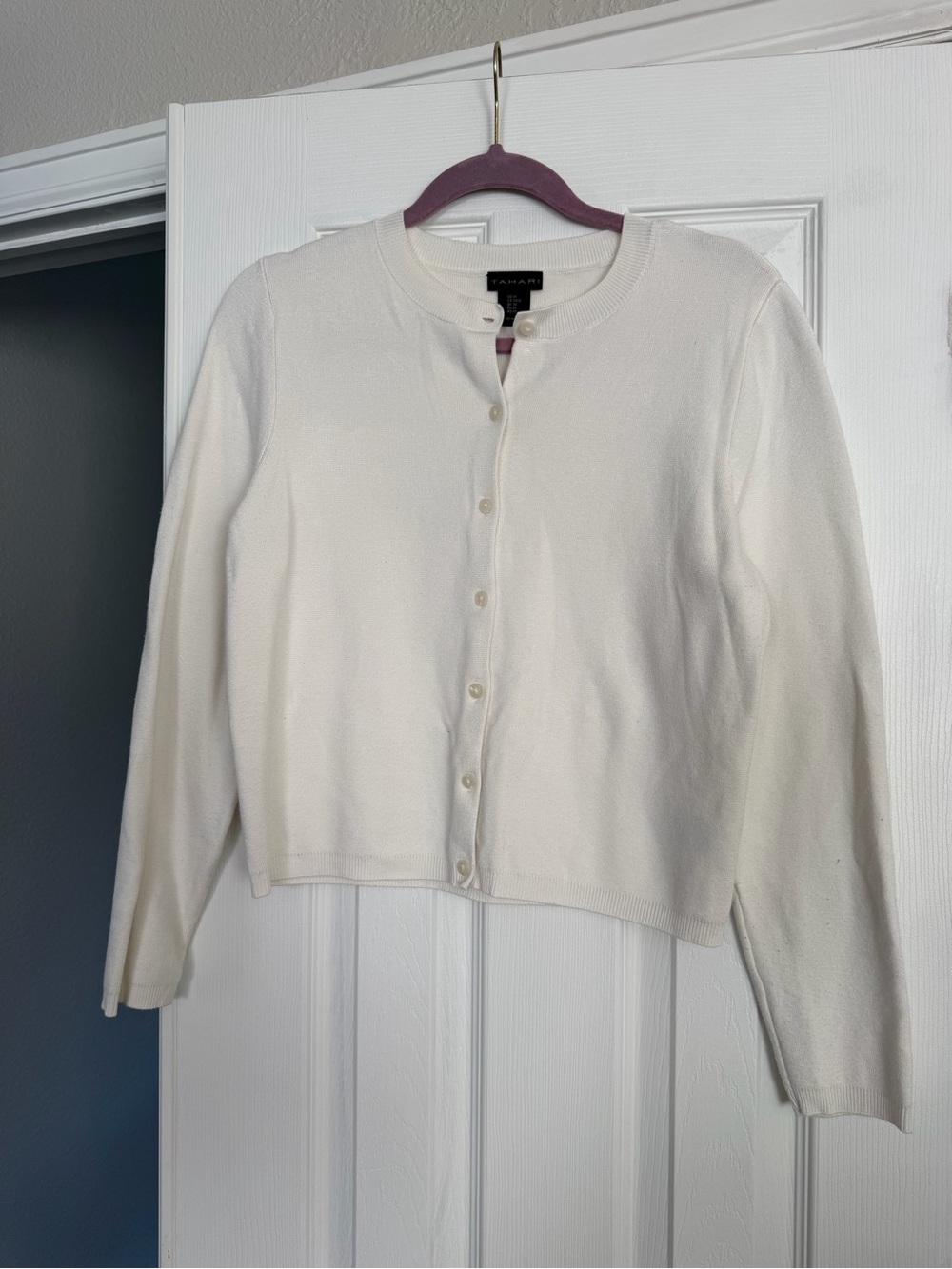 Tahari Ivory Button-Up Crewneck Cardigan